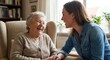 © 5 Grace Media - Happy senior woman and adult daughter laughing together at home, enjoying a heartfelt conversation and shared joy.