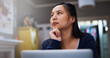 © JamPacked/peopleimages.com - Remote work, thinking or Asian woman in home with laptop, draft insight or brainstorming for article update. WFH, space or freelancer with tech, journalist reflection or story development for blog.