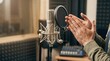 © Chanoknan - Sound engineer performing hand clap audio test with condenser microphone and pop filter in professional recording studio for optimal acoustic calibration and quality assurance