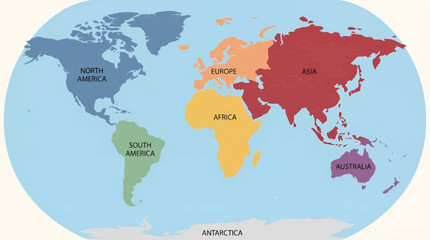 Naklejka na meble World Map Divided into Continents: North America, Europe, Africa, Asia, Australia, Antarctica