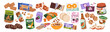 © Good Studio - Healthy snacks set. Natural diet food. Granola, energy bar, cereal and nuts, rice cakes, yogurt, fitness protein cookie, drink in packages. Flat vector illustration isolated on white background
