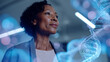 © dinatychynska - Professional woman observing DNA helix visualization at modern laboratory. Business scientist portrait, genetics biotechnology innovation, medical science discovery futuristic workspace.