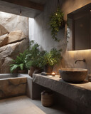 A bathroom with a stone counter and a bowl sink