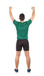 © 1STunningART - Full length rear view portrait of a victorious man athlete raises hands celebrating success. Victory and triumph concept. Winning sporty guy isolated on transparent background, achievement celebration