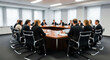© Muin - Blurred business professionals engaged in a meeting around a large conference table in a modern office setting, discussing strategies and collaborating on important projects