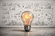 © diproduction - Glowing light bulb with sketched business concept icons on concrete wall. Ai generative