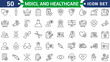 © GX ROHIMA - Medicine and healthcare set of web icons in line style. Medical icons for web and mobile app. Medicine and Health Care symbols. Emergency, medical equipment, RX, MRI, doctor, lab, virus, prescription