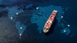© APchanel - Aerial top view containers ship cargo business commercial logistic and transportation international import export by container freight cargo ship in the open seaport show ocean network on map.