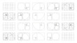 © Hanna - Golden ratio templates set. Fibonacci array, numbers forms. Method golden section flat samples collection. Golden Spiral. Harmony proportions black frames. Outline thin graphic printable illustration.