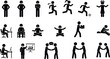 © Its Marjia's World - Human pictogram icons set showing people running working sitting meditating presenting and shaking hands, black stick figure vector symbols
