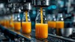 © horizon - High-tech industrial bottling line with clear glass bottles being filled with golden orange juice through stainless steel machinery art.