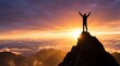 © esman - Silhouette of a successful person with arms raised standing atop a rugged mountain peak against a dramatic sunset sky.