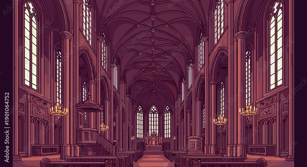 Gothic cathedral interior in pixel art style with stained glass windows ...