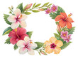 © LiroStudio - Vibrant hibiscus wreath with orchids, isolated on transparent background.
