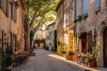  Shaded tree lined street in the historic town of Saint-Remy-de-Provence, cobblestone lane with warm Provencal light