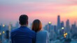 © PStyle - A couple sits together, gazing at a city skyline during a colorful sunset, creating a peaceful and romantic atmosphere.