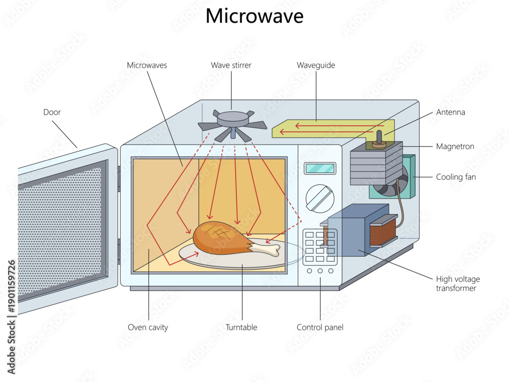 microwave oven showing internal parts like magnetron, waveguide ...