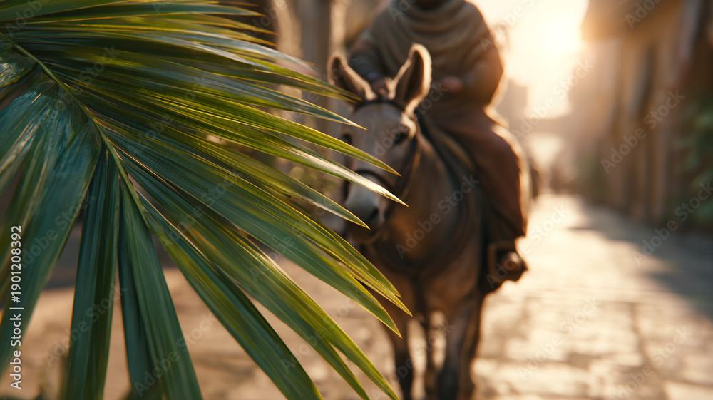 Palm Sunday. Jesus Christ rides a donkey into Jerusalem against a ...