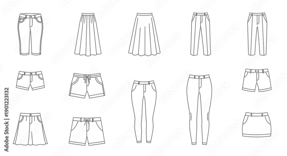 Clothing garment technical flat sketches set including pants shorts and ...