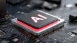 © pkproject - Futuristic electronic component featuring a luminous red symbol set against a detailed motherboard representing advancements in intelligence and modern computing
