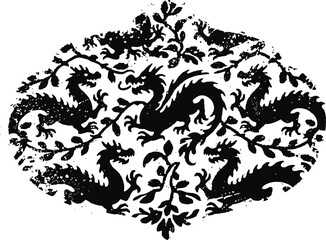  Black dragon ornament pattern with symmetrical floral elements in vintage design