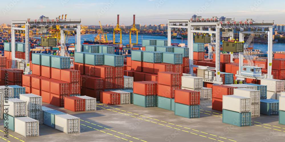 Seaport container terminal, Cargo handling operations. Gantry cranes ...