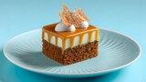 Elegant Caramel Glazed Mousse Cake with Chocolate Garnish on