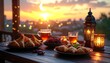 © Alsy - Traditional ramadan iftar meal setup with samosas dates and tea on a wooden table during sunset with ornate lanterns creating a warm ambiance for breaking the fast.