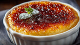 Perfectly caramelized creme brulee served in a cozy French caf? setting