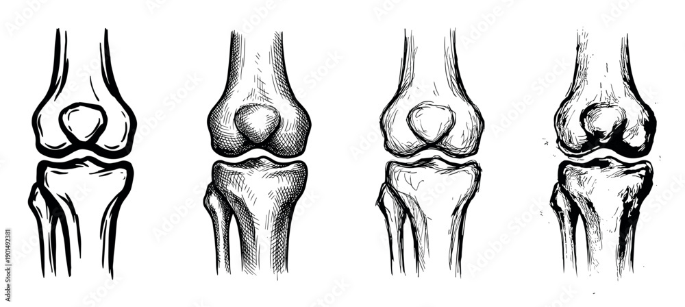 Four hand-drawn sketch illustrations of a human knee joint showing the ...