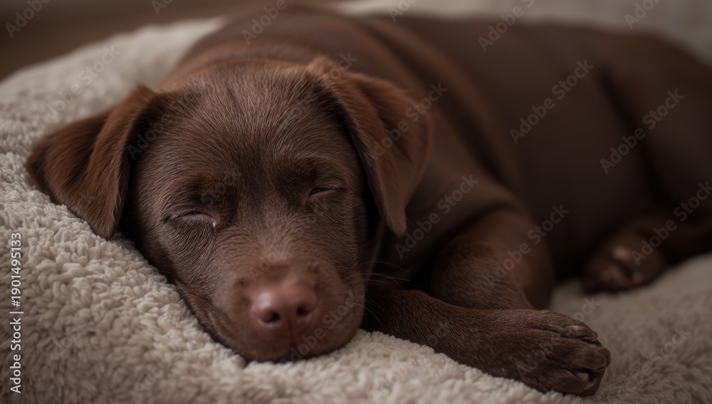 Labrador Napping Adorable chocolate Lab rests on a bed, peacefully napping on the couch ...