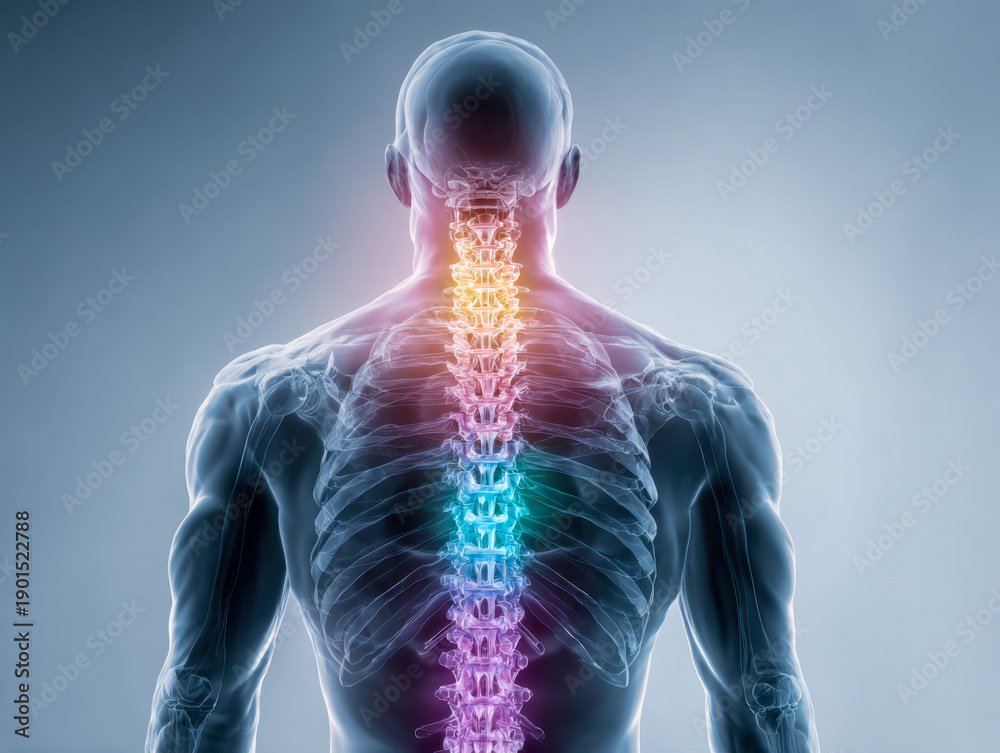 Visualization of the human spine highlighting cervical, thoracic, and ...