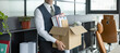 © be free - Losing his job. Jobless man unemployed. Career failure. Businessman leaving office holding box with office supplies. Sad fired businessman being dismissed. Unemployed manager with box, cropped view