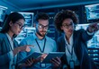 © DAYA-DAKSH - Diverse team of IT professionals collaborating in a futuristic data center analyzing complex information on screens and tablet.