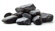 © Sinechana - Artful arrangement of polished dark talcum-chlorite sauna stones isolated against pure white background, varied sizes creating natural composition, volcanic texture visible in ultra-detail, subtle