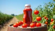 © Picza Booth - Fresh Tomato Sauce Bottle With Ripe Tomatoes In Farm Setting