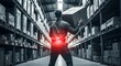 © designhunt - Warehouse occupational injury and lifting strain. Logistics safety and ergonomics. Worker carrying a large box and feeling a sharp pain in the lower spine between storage racks