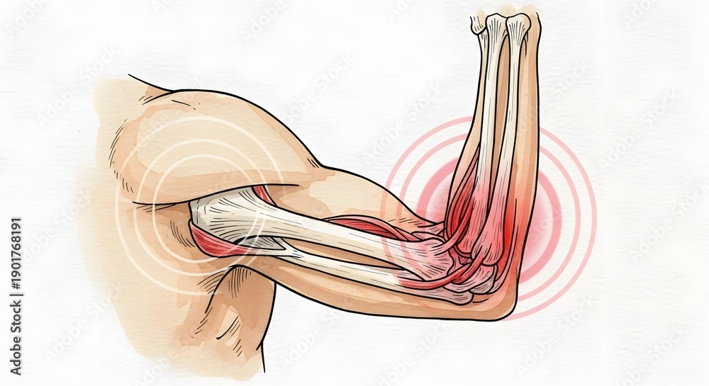 Arm muscle and bone anatomy showing joint inflammation. Biceps strain ...