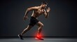 © designhunt - Muscular runner with achilles tendonitis and ankle pain. Sports rehabilitation and podiatry care. Shirtless athlete sprinting with highlighted red pain zone on his lower leg