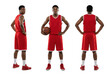 © ArsiStudio - Basketball player in red jersey and shorts, front side and back view with ball, studio sports uniform mockup