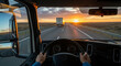 © susral - View from the driver's seat of a truck driving at sunset, perfect for driving career concepts and travel transportation plans