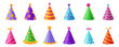 © Екатерина Бобро - Party hat illustration set with colorful festive designs. celebration and birthday accessory collection for holiday event, kids party, invitation, decoration, marketing and fun design