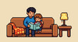 © Sophia - Pixel art father and son reading a book together on a cozy brown couch in a warm, inviting living room scene with a lamp and blanket