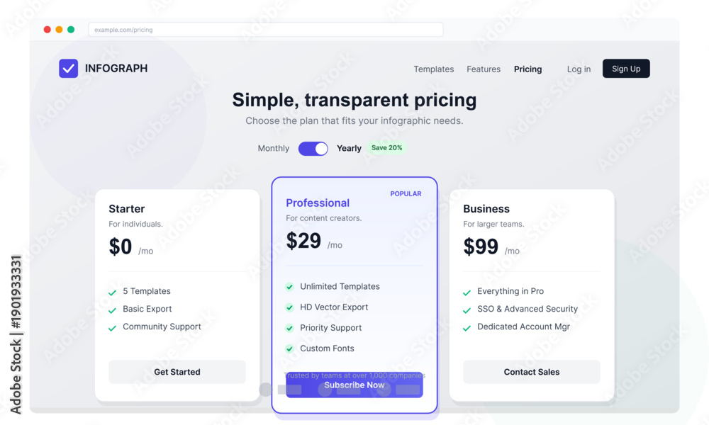 A clean user interface design of a website pricing page featuring three ...