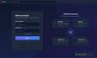 © Антон Сальников - A dark-themed user interface design featuring a login portal on the left and a platform overview with four pillars on the right, including analytics and security features.