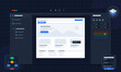 © Антон Сальников - A digital illustration of a website design software interface featuring a dark theme, various editing tools, a layout canvas, and floating UI elements for web development.