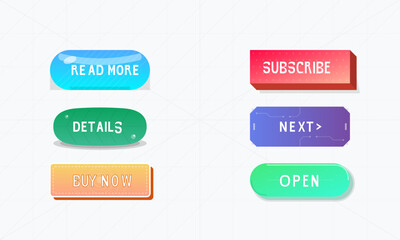 Naklejka na meble A collection of six colorful web buttons with different shapes and styles, including labels like Read More, Subscribe, Details, Next, Buy Now, and Open on a light grid background.