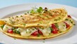 © Tamanna - Delicious omelette sandwich filled with cheese tomatoes and fresh herbs on white plate