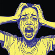 © Husmath - Stressed woman pulling hair screaming in yellow and blue sketch art style