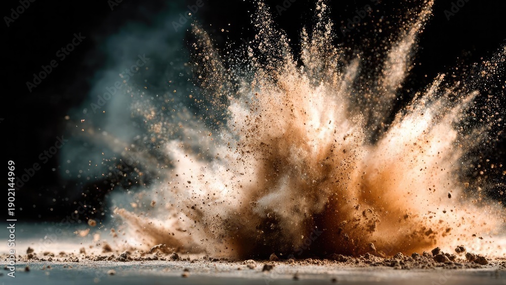 A dramatic burst of dirt and dust exploding upward from the ground ...